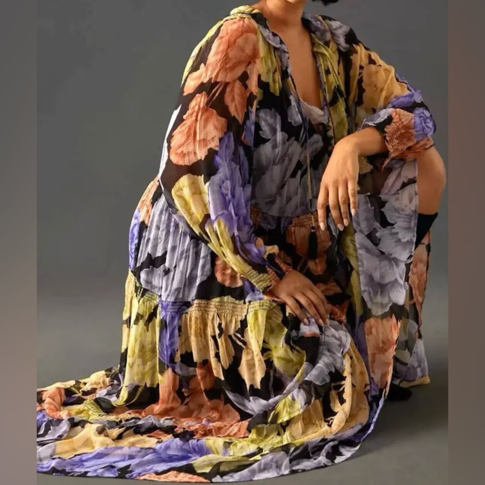 Anthropologie Floral Long-Sleeve Maxi Dress in Black, Yellow & Lavender - Picture 11 of 11